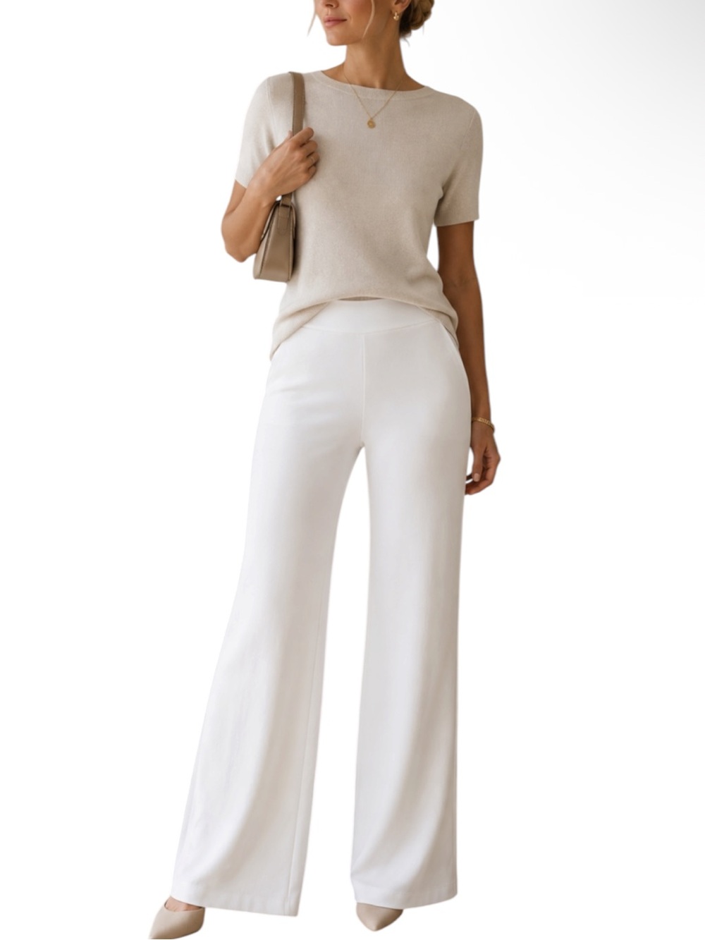 Dress the Population White Wide Leg Flare Knit Pull On Pants Minimalist Luxury M